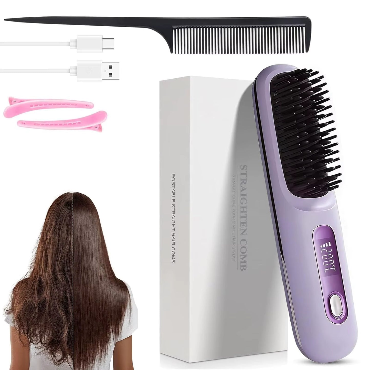 Upgrade Portable Straightener Brushs for Travel with LCD Temperature Display Fast Heating Cordless Mini Hair Brushs for Women