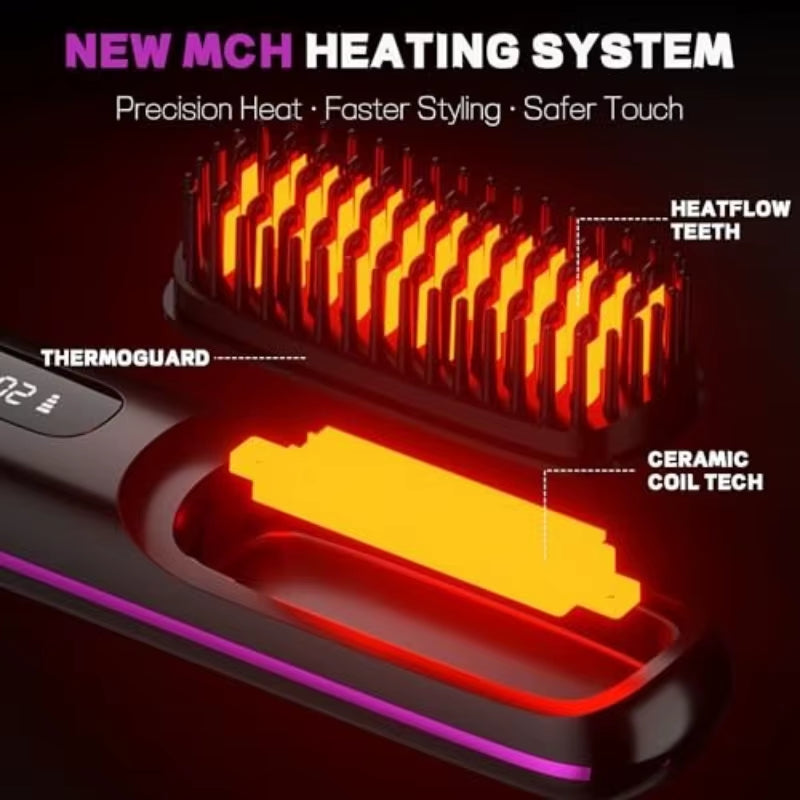 Upgrade Portable Straightener Brushs for Travel with LCD Temperature Display Fast Heating Cordless Mini Hair Brushs for Women