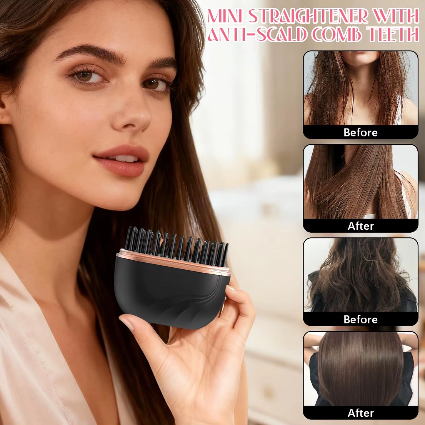 2026 New Mini Straightener Rechargeable Portable Hair Straightener Brush Anti-Scald Shell Cordless USB Charging Straighteners