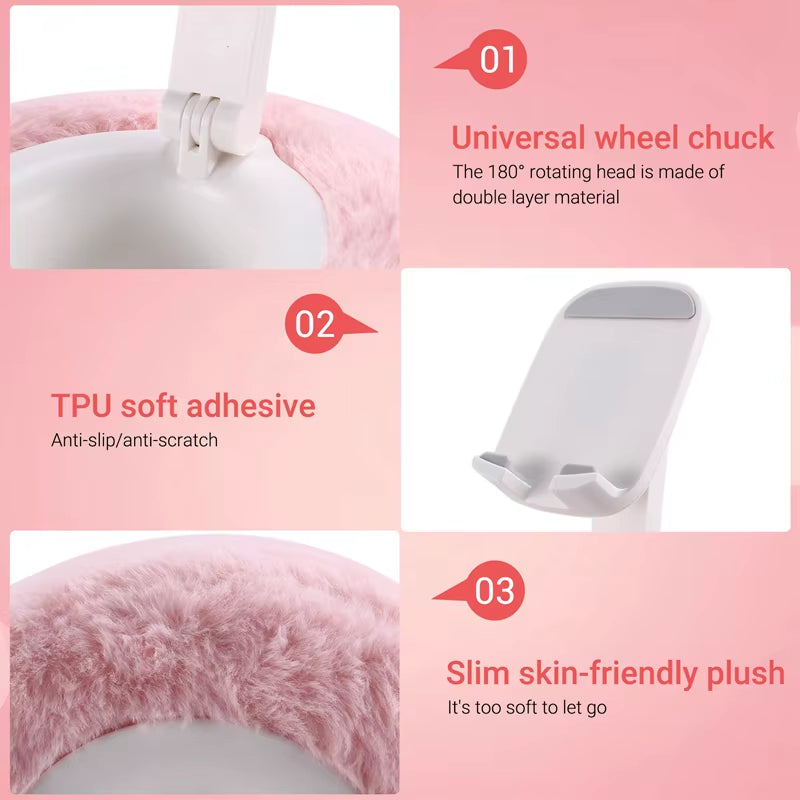 Adjustable for Kindle Pillow Stand Reading Support with Fuzzy Bowl 360° Phone Holder for Bed
